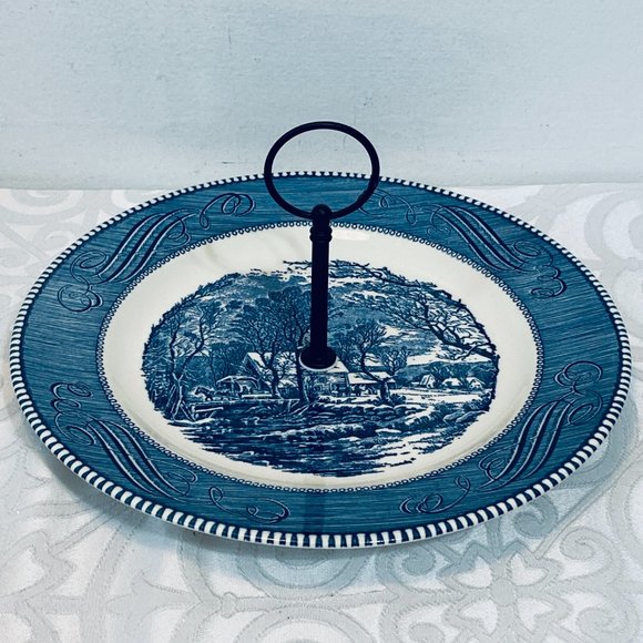 VNTG Currier & Ives 3-Tier Tidbit Tray,10" + 6" Plates/5.75" Bowl NEW Black Hdwe - Picture 5 of 9